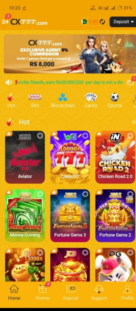 777sx Game home screen showing available games